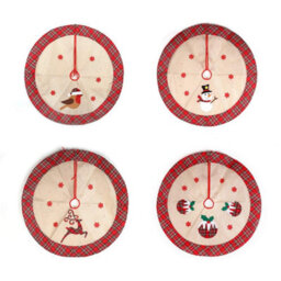 Shatchi Christmas Tree Skirt Snowflakes Printed Pattern Burlap Hessian Linen Xmas Tree Base Cover Floor Mat 4 Pcs - thumbnail 2