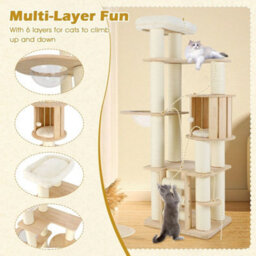 180 Cm Tall Cat Tree Wooden Cat Tower W/ Cozy Perch & Condo - thumbnail 6