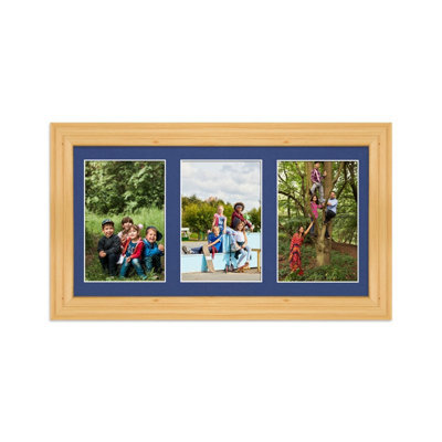 AK Frames 40X20Cm Light Oak Classic Multi Photo Frame With Blue Mount - Holds 3 Apertures (3X) 6X4 Photos - image 1
