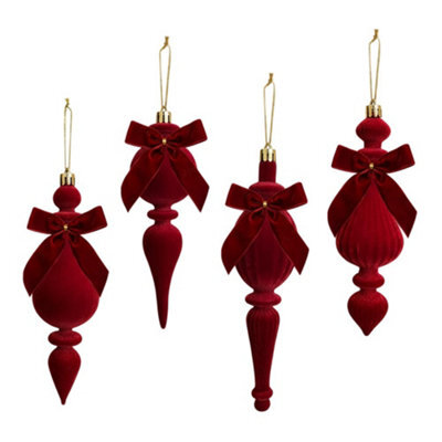 Amorly Flocked Finial Ornaments,4Pcs Christmas Tree Hanging Finials With Bow Red, Soft Texture, Suitable For Xmas Tree Festive Home Decor - image 1