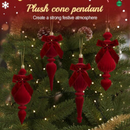 Amorly Flocked Finial Ornaments,4Pcs Christmas Tree Hanging Finials With Bow Red, Soft Texture, Suitable For Xmas Tree Festive Home Decor - thumbnail 4