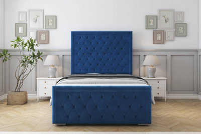"Sloomy Monroe Navy Plush Bed Frame With 50"" Upholstered Headboard 2'6 Small Single" - image 1