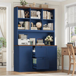 Blue Tall Bookcase With Power Outlets Filing Cabinet With Drawers For A4/letter Files - thumbnail 4