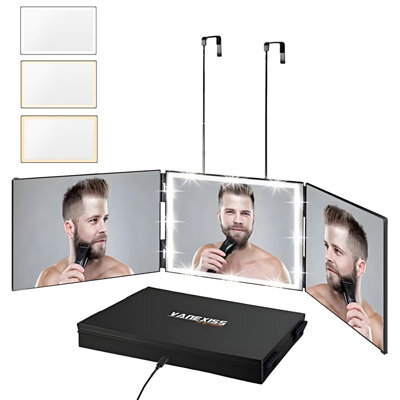 Vanexiss Rechargeable Trifold Mirror 32X19.5Cm With 3 Color Led Light And Retractable Hook For Haircut And Grooming - image 1