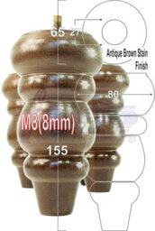 L&F 4X Solid Turned Wood Furniture Legs Chair Settee Feet 155mm 8mm Thread Antique Brown Stain - thumbnail 1