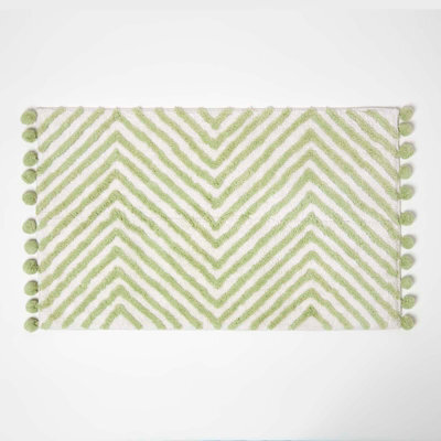 Homescapes Sage Green Cotton Bath Mat Tufted Zig Zag With Pom Pom Edges 50 X 80 Cm - image 1