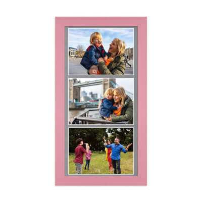 AK Frames 16X8 Pastel Pink Modern Multi Photo Frame With Mid Grey Mount - Holds 3 Apertures (3X) 7X5 Photos - image 1