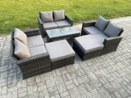 Fimous 8 Seater High Back Rattan Garden Furniture Sofa Sets With Rectangular Coffee Table 2 Big Footstool - thumbnail 2
