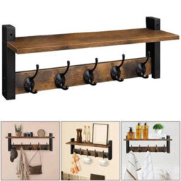 Wall Mounted Coat Rack Shelf Solid Wood 5 Hooks Hallway Entryway Kitchen - thumbnail 6