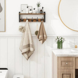Wall Mounted Coat Rack Shelf Solid Wood 5 Hooks Hallway Entryway Kitchen - thumbnail 4