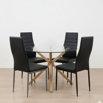 Kosy Koala Round Glass Dining Table Set With 4 Black Faux Leather Chairs Dining Room Furniture - image 1