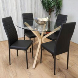 Kosy Koala Round Glass Dining Table Set With 4 Black Faux Leather Chairs Dining Room Furniture - thumbnail 2
