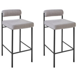 Wyld And Coco Set Of 2 Grey Boucle Bar Chairs With Black Iron Legs And Roll-Backrest. - thumbnail 4