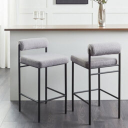 Wyld And Coco Set Of 2 Grey Boucle Bar Chairs With Black Iron Legs And Roll-Backrest. - thumbnail 2