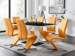 Furniturebox Giovani Rectangular 6 Seat White High Gloss Halo Structural Dining Table Black Glass Top And 6 Mustard Faux Leather Willow Chairs