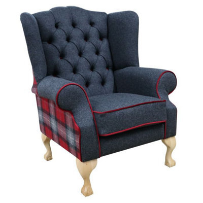 Chesterfield Fireside High Back Wing Chair Skye Red Check Tweed Wool In Mallory Style - image 1