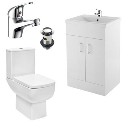 FNX Bathrooms Bubly Bathrooms™ 600mm Gloss White Bathroom Vanity Unit & Basin With Close Coupled Dual Flush Toilet & Chrome Tap Set - image 1