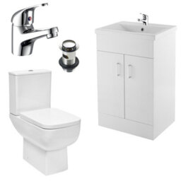 FNX Bathrooms Bubly Bathrooms™ 600mm Gloss White Bathroom Vanity Unit & Basin With Close Coupled Dual Flush Toilet & Chrome Tap Set - thumbnail 1