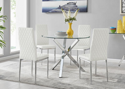 Furniturebox Selina Chrome Round Square Leg Glass Dining Table And 4 White Milan Chairs Set - image 1
