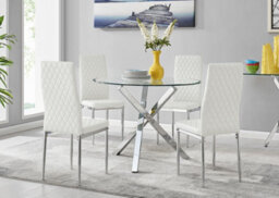Furniturebox Selina Chrome Round Square Leg Glass Dining Table And 4 White Milan Chairs Set - thumbnail 1
