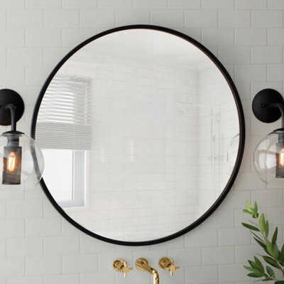 Living And Home Black Round Wall Mounted Bathroom Framed Mirror 60 Cm - image 1