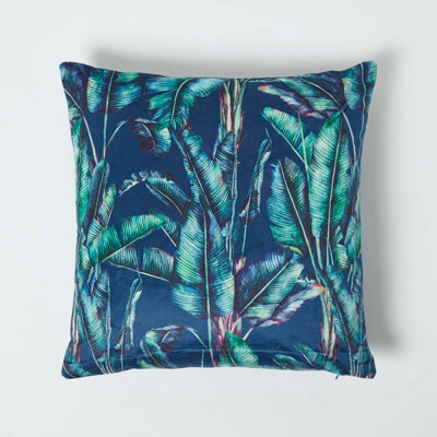 Homescapes Navy Tropical Banana Leaf Velvet Cushion 46 X 46 Cm - image 1