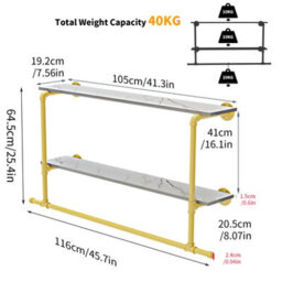 Fativo 2-Tier 116Cm Long Industrial Pipe Clothing Rack Wall Clothes Rail Garment Hanging Rod Display Rack, Gold - thumbnail 2