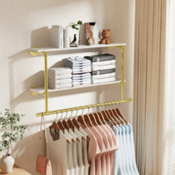 Fativo 2-Tier 116Cm Long Industrial Pipe Clothing Rack Wall Clothes Rail Garment Hanging Rod Display Rack, Gold - thumbnail 1