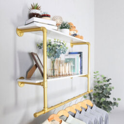 Fativo 2-Tier 116Cm Long Industrial Pipe Clothing Rack Wall Clothes Rail Garment Hanging Rod Display Rack, Gold - thumbnail 6