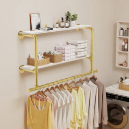 Fativo 2-Tier 116Cm Long Industrial Pipe Clothing Rack Wall Clothes Rail Garment Hanging Rod Display Rack, Gold - thumbnail 8