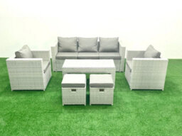 Fimous Rattan Garden Furniture Set 7 Seater Outdoor Garden Sofa Oblong Coffee Table Set 2 Chairs 2 Stools Light Grey - thumbnail 2