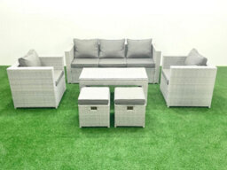 Fimous Rattan Garden Furniture Set 7 Seater Outdoor Garden Sofa Oblong Coffee Table Set 2 Chairs 2 Stools Light Grey - thumbnail 1