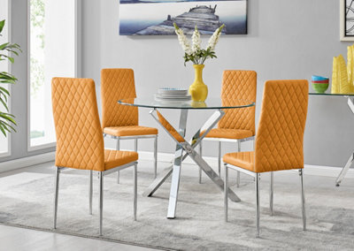 Furniturebox Selina Chrome Round Square Leg Glass Dining Table And 4 Mustard Milan Chairs Set - image 1