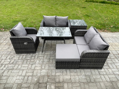 Fimous 6 Pieces Outdoor Garden Dining Sets Rattan Furniture With Dining Table Armchairs Love Sofa Big Footstool Side Table - image 1
