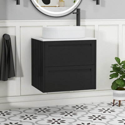 Royal Bathrooms Royal Bathroom Elmore 600mm Matt Nocturne Black Wall Mounted Bathroom Vanity Unit 2 Drawer Plain White Worktop With Lyon Basin - image 1