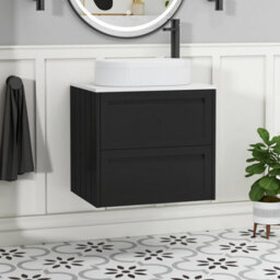 Royal Bathrooms Royal Bathroom Elmore 600mm Matt Nocturne Black Wall Mounted Bathroom Vanity Unit 2 Drawer Plain White Worktop With Lyon Basin - thumbnail 1