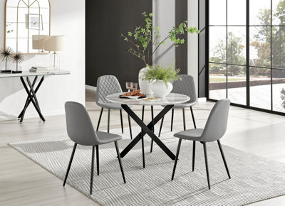 Furniturebox Uk Novara White Marble Black Leg Round Dining Table & 4 Grey Corona Black Leg Chairs - image 1