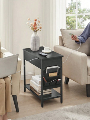 LEDREM Slim Side Table With Charging Station, Narrow Bedside Table With Storage, End Table With Usb Ports, Outlets, Fabric Bags - image 1