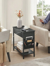 LEDREM Slim Side Table With Charging Station, Narrow Bedside Table With Storage, End Table With Usb Ports, Outlets, Fabric Bags - thumbnail 1