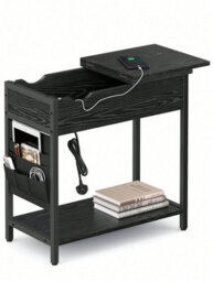 LEDREM Slim Side Table With Charging Station, Narrow Bedside Table With Storage, End Table With Usb Ports, Outlets, Fabric Bags - thumbnail 9