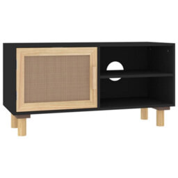 Berkfield Tv Cabinet Black 80X30X40 Cm Solid Wood Pine And Natural Rattan - thumbnail 2