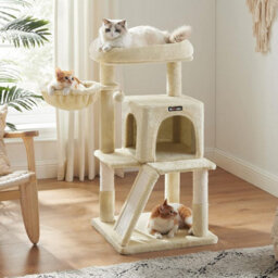 Songmics Cat Tower For Indoor Cats, 2-Door Cat Cave, Cat Tree, Scratching Ramp, And Extra-Wide Perch, Beige - thumbnail 1