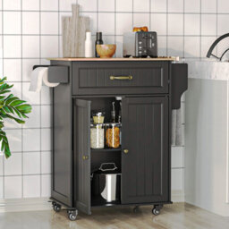 Bealife Kitchen Island On Wheels, Farmhouse Storage Cabinet With Rubber Wood Countertop, Adjustable Shelves & Side - thumbnail 2