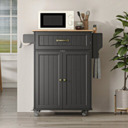 Bealife Kitchen Island On Wheels, Farmhouse Storage Cabinet With Rubber Wood Countertop, Adjustable Shelves & Side - thumbnail 3