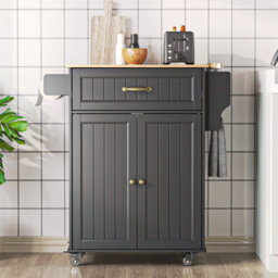 Bealife Kitchen Island On Wheels, Farmhouse Storage Cabinet With Rubber Wood Countertop, Adjustable Shelves & Side - thumbnail 4