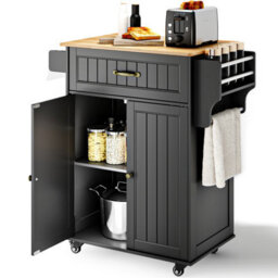 Bealife Kitchen Island On Wheels, Farmhouse Storage Cabinet With Rubber Wood Countertop, Adjustable Shelves & Side - thumbnail 5