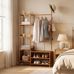 Darphe Light Brown Multifunctional Bamboo Coat Rack With Hanging Rod And Shelves - thumbnail 2