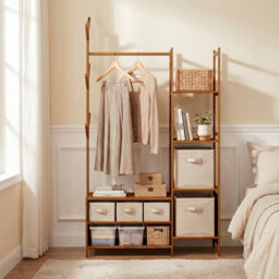 Darphe Light Brown Multifunctional Bamboo Coat Rack With Hanging Rod And Shelves - thumbnail 1