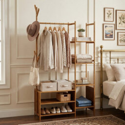 Darphe Light Brown Multifunctional Bamboo Coat Rack With Hanging Rod And Shelves - thumbnail 3