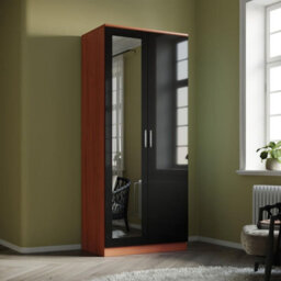 Comfy Living Walnut/black High Gloss 2 Door Wardrobe With One Mirrored Door